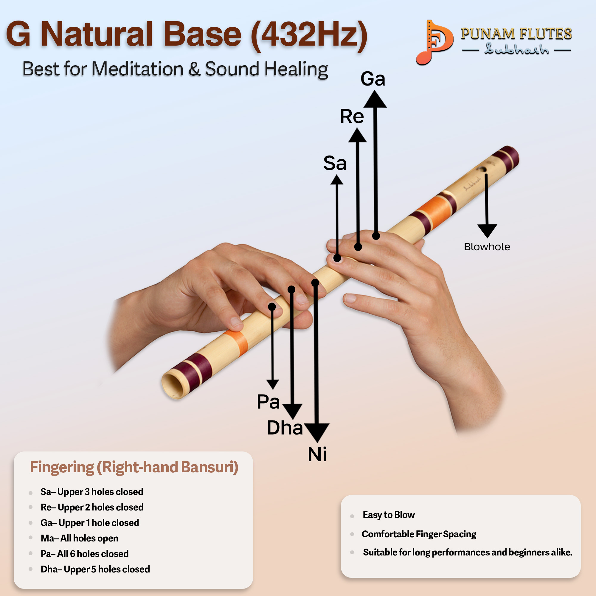 G Natural Base 432 Hz Bansuri Flute 25.65 Inches (65.15 Cm)