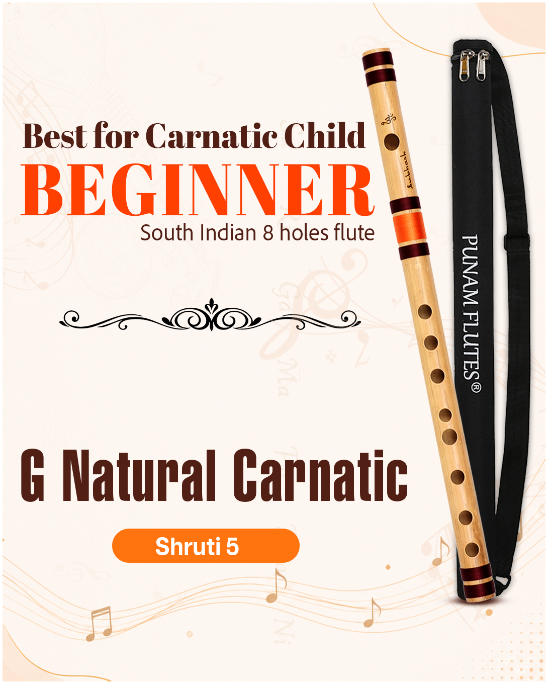 G Natural Carnatic Flute Shruti 5.5 Size Approx 15 Inches (Child Beginners)