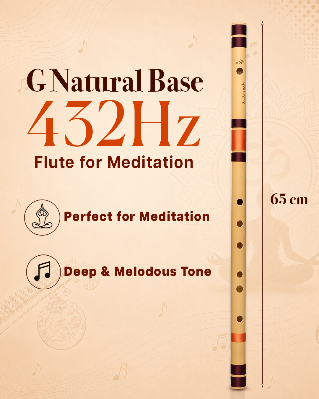 G Natural Base 432 Hz Bansuri Flute (Right Hand) 25.65 Inches (65.15 Cm)