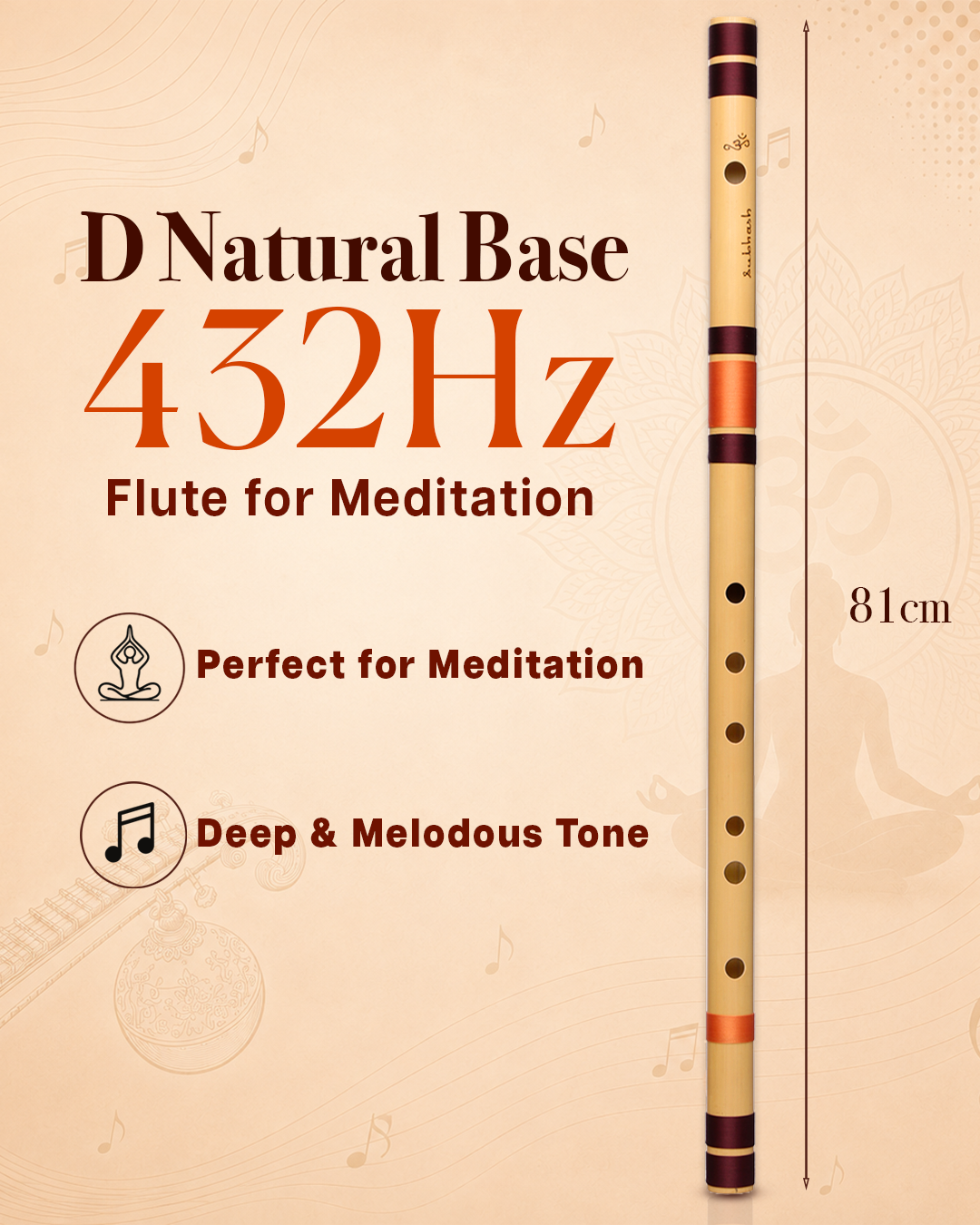 D Natural Base 432 Hz Bansuri Flute (Right Hand) 32.1 inches (81.53 Cm)