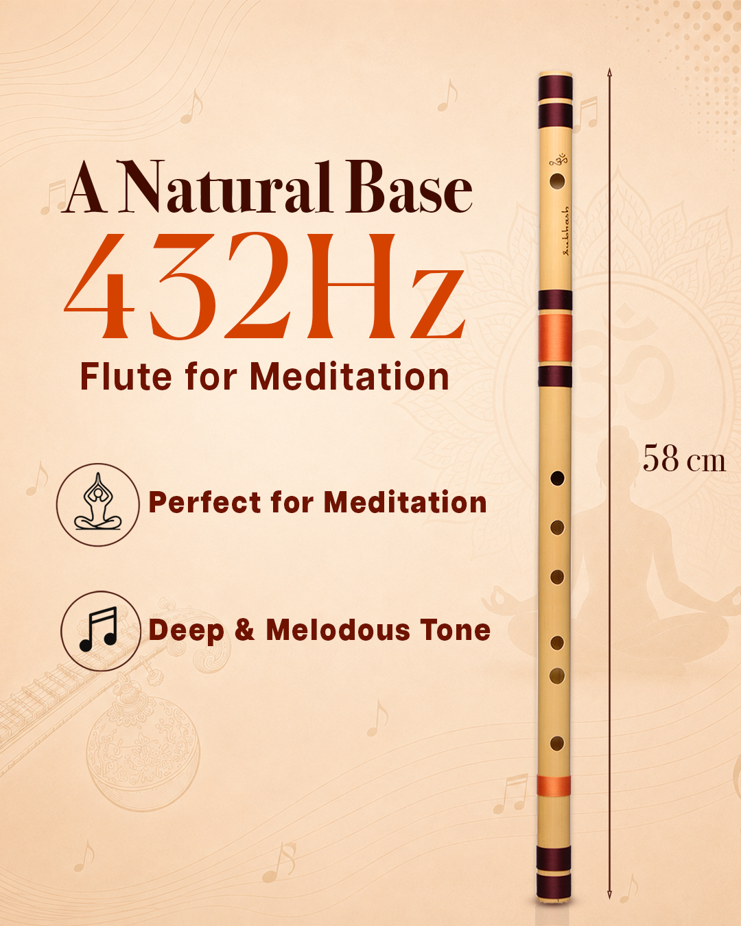 A Natural Base 432 Hz Bansuri Flute (Right Hand) 22.8 inches (58 cm)