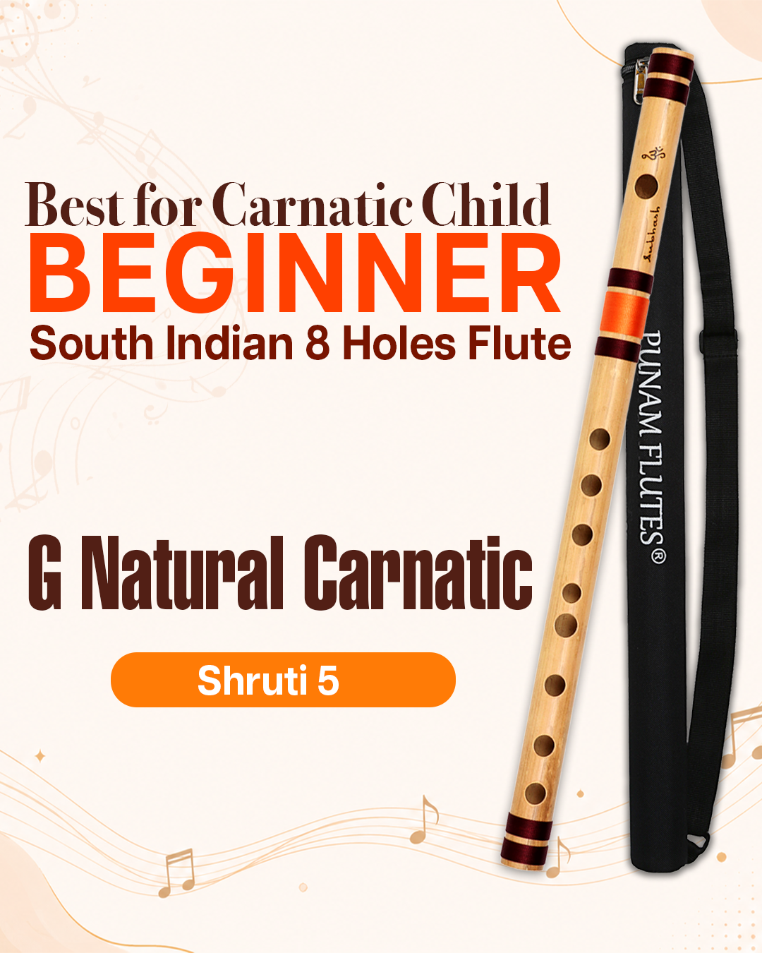 G Natural Carnatic Flute Shruti 5.5 Size Approx 15 Inches (Child Beginners)